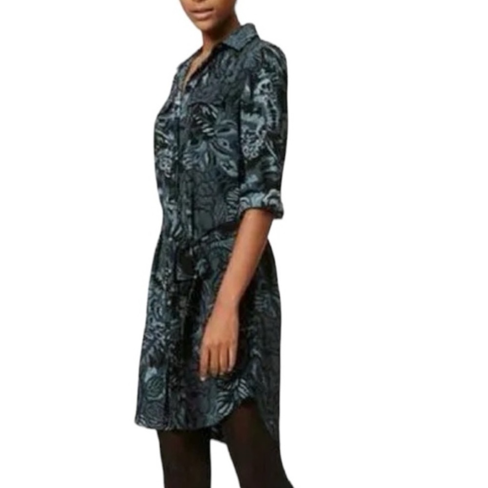 Loft Women's Blue & Black Floral Leaf Print Long Sleeve Shift Dress